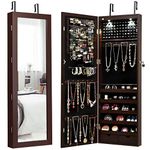 Multigot 2 LED Lights Mirrored Jewelry Cabinet, Door Hanging/Wall Mounted Jewelry Storage Armoire with Full Length Mirror, Lockable Cosmetics Organizer for Bedroom Dressing Room (Brown)