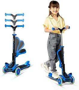 Lifemaster Kids Scooter – Foldable Seat – LED Wheel Lights Illuminate When Rolling – Children and Toddler 3 Wheel Kick Scooter – Adjustable Handlebar – Indoor and Outdoor- Blue - by