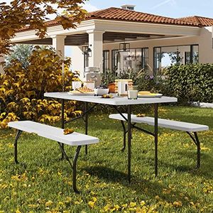 YITAHOME Heavy Duty Picnic Table Outdoor Picnic Table and Bench with Weather Resistant Resin Tabletop & Stable Steel Frame for Yard Patio Lawn Party White