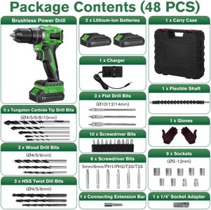 Ginour 21V Brushless Cordless Combi Drill Set – 2x2.0Ah, 48-Piece Kit