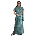 bellamy Women's Pure Cotton Printed House Coat,Front Open Adjustable Nighty/Night Wear B18-XL Green