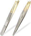 Sularpek Tweezers, 2Pcs Eyebrow Tweezers Set, Stainless Steel Slant Tweezer, Facial Hair Remover for Women and Men