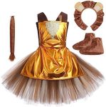 Lion Costume for Girls Kids Toddler Halloween Costume Wild King of the Jungle Safari Party Tulle Tutu Dress with Headband Stage Performance Children's Day Dressing Outfit Golden 11-12 Years