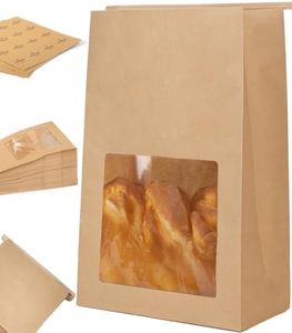Perenllareta Resealable Large Paper Bread Bags 2X Thicker for Sourdough with Window&Tie, 50PCS 13.6x8.3x4.1" Fresh Homemade Round Loaf Kraft Brown Bag for Gifting Packaging, BPA Free Greaseproof Liner