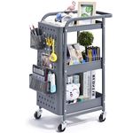 KINGRACK Storage Trolley, 3-Tier Rolling Cart, Utility Cart Metal Shelving with Peg board Hooks Baskets Handles Locking Wheels, Mobile Storage Rack for Kitchen Office Garage Home (Grey)