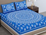 Colorish 120 TC Cotton Blend Mandala Printed Jaipuri Bedsheet for Double Bed King Size with 2 Pillow Covers, Blue