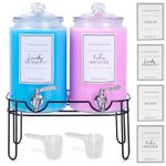 LUXENEST Laundry Liquid Detergent Dispenser Set of 2 with Spigots, Stand and Measuring Cups, 4L 128 Oz Holder for Powder, Fabric Softener, Soap, 1 Gallon Glass Containers for Organization and Storage