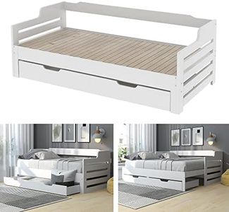 Merax Daybed Frames Wooden 3FT Single Bed mit Storage, Pull out Trundle Wooden Bed with Drawer for Children Adults, Sofa Guest Bed Cabin Bed for Living Room and Bedroom, 90 x190 cm, White