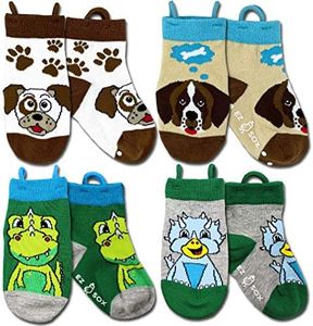 Boys, Girls, Kids, Toddler Socks, Seamless, Non Skid Grips Animal Ez Socks (Large, Dino/Dog/Bear)