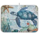 Wfrish Nautical Ocean Sea Turtle Dish Drying Mats Starfish Retro Map Drying Mat with Hanging Loop Absorbent Dishes Drainer Pad Kitchen Counter Mat 18X24 In