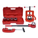 Pipe Threader Kit Portable Pipe Cutter for Steel Aluminum PVC Pipe Handheld Ratcheting Pipe Threading Tool Set with 5 Dies (3/8'', 1/2'', 3/4'', 1'', 1-1/4'') and Storage Case, BSPT Thread