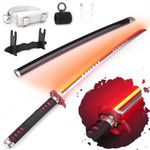 RENGENG Light Up FireGod Tanjiro Sword, 40 Inches Rechargeable Plastic Anime Replica with Belt & Stand, Original Texture Anime Sword