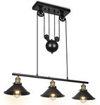 Three-Light Pulley Pendant Light, Indoor Island Light Adjustable Industrial Vintage Rustic Chandelier, Farmhouse Vintage Ceiling Lights Fixture for Dining Room, Living Room or Foyer