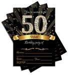 JT Studios 50th Birthday Party Invitations 5x7 Black & Gold Cards with Envelopes and Gold Metallic Pen (Pack of 25)