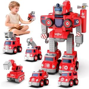 Baobrava Transformers Toys for 4 5 6 7 8 Year Old Boys, 5-in-1 Fire Truck Car Toys to Take Apart Transform to Robot, STEM Building Toys, Montessori Creative Drill Screw Set Birthday Gifts for Kids