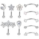 MILACOLATO 10PCS Rook Piercing Jewellery Silver Eyebrow Piercing Surgical Steel 16G 8mm Vertical Labret Lip Bar Daith Rook Earrings Curved Barbell Piercing Jewellery