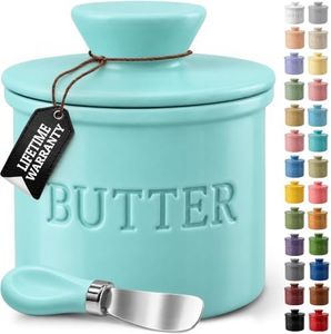 Priority Chef Large Butter Crock with Lid with Water Line, Ceramic French Butter Dish to Leave On Counter, Cool Green