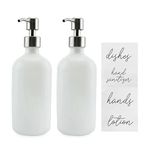 Darware 16oz White Glass Soap Dispensers (2-Pack); White Pump Bottles w/Stainless Steel Pumps and Labels; Lotion, Hand Care and Soap Pump Bottles