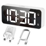 HERMIC Alarm Clock Bedside Clock Large Digital Led Display, Full-Range Brightness Dimmer, Adjustable Alarm Volume, Snooze, Dual Alarm, 12/24H, Easy to Use Mains Powered White