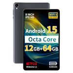 2025 Topsand Android 15 Tablet 8 inch Tablet, Octa-Core Processor, 12GB RAM 64GB ROM 2TB Expandable, 1280 * 800 IPS HD Screen, WiFi6, BT5.4, Widevine L1, 5MP+8MP Dual Camera, Gray