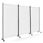 COSTWAY 3/4-Panel Folding Room Divider, Rolling Wall Privacy Screen Protector with Wheels, Freestanding Paravent Partition Separator for Bedroom, Living Room and Office (Pure White, 3 Panel-260x180cm)