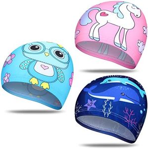 Geyoga 3 Pieces Kids Swim Caps for Boys Girls Age 2-12 Swimming Cap Pool Cap for Kids Child Swim Caps for Toddler Youth (Bright Style)