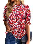 BETTE BOUTIK Women's Business Casual Floral Shirts Mock Neck Tops Ruffle Sleeve Shirts Chiffon Blouse Lightweight Tunic Floral Red Large