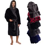 Ross Michaels Mens Hooded Bathrobe - Shawl Collar Plush Lounge Robe â€“ Black/Grey, XXL