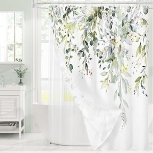 Gibelle Extra Long 3 in 1 Shower Curtain Set, Watercolor Eucalyptus Bath Curtain and PEVA Liner Set with 12 Metal Hooks, Waterproof Fabric Bathroom Curtain 72x84, Sage Green