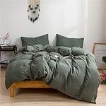 Ruccit Sage Green Duvet Cover Set King Size Bed 100% Washed Cotton King Duvet Cover Adults Teens 3pcs Simple Plain Farmhouse Bedding Set Zipper Closure-Soft,Easy Care,Breathable