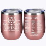 50th Birthday Gifts for Women Friends, 12 Oz Insulated Stainless Steel Wine Tumbler with Lid, Double Side Printed Birthday Thermos cup, Back in 1974 Old Time Information, Best Birthday Gifts