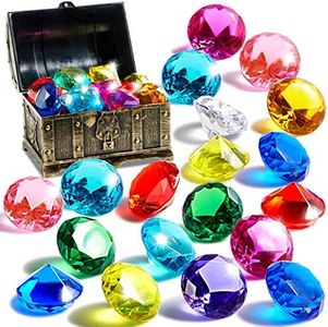 Sloosh Diving Gems Pool Toys, 16 Big Colorful Diamond with Pirate Treasure Chest, Swim Dive Toy for Kids Underwater Gemstone Swimming Training Gift Water Toys Pool Games（Gold）