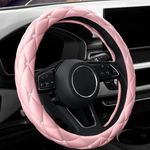 YOGURTCK Cute Diamond Soft Light Pink Leather Anti-Slip Steering Wheel Cover with Bling Bling Crystal Rhinestones, Universal 15 Inch for Women Girls, Fit Vehicles, Sedans, SUVs, Vans, Trucks