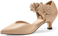 Coutgo Womens Low Kitten Heels Dressy Shoes Comfortable Closed Toe Flower Slip on Formal Party Dance Heeled Pumps, Khaki, Size 8