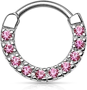 CZ Paved Round Top 316L Surgical Steel Nose Septum Ear Cartilage Clicker Ring/Color (PINK/Steel 16G)