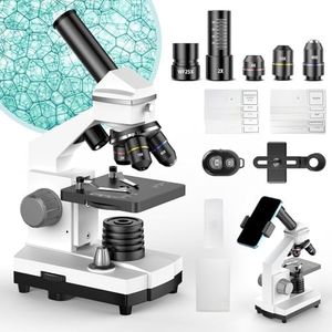 Microscope for Adults Kids Students，Powerful Compound Microscope for School Laboratory and Home Education，100X-2000X Magnification, with Slides Set，Phone Adapter-Gray White