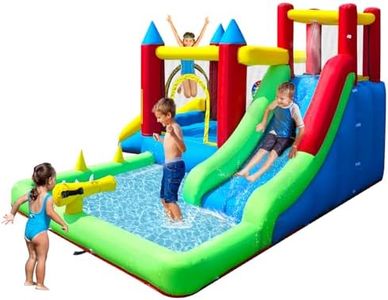 9-in-1 Inflatable Water Slide for Kids Age 3-6, Outdoor Blow Up Bounce House Water Park with Dual Slides, Climbing Wall, Splash Pool, Water Cannons, Jumping Area, Backyard Water Slide with Blower