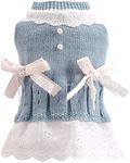 Pet Sweater Dress Small Dog Dress with Bow Female Girl Pink/Blue Winter Warm Dog Princess Lace Dress Clothes Dachshund Chihuahua Corgi Cat Dress for Christmas Birthday Valentines Day (Blue, Large)