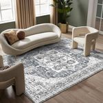 QD-Udreamy 6x9 Area Rugs - Machine Washable Rugs for Living Room, Gray Area Rug with Non-Slip Backing, Stain Resistant Vintage Medallion Rug for Bedroom, Ultra-Thin Boho Large Area Rugs for Home Decor