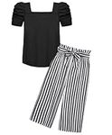 Arshiner Girls Clothing Sets Kids Fashion T-shirts with Trousers Set Puff Sleeves Top with Printed Trousers Set Summer Casual Outfits for Girls 13-14 Years 160 Black & White Striped