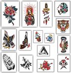 Womaha 15 Sheets Color Temporary Tattoos Men and Boys Old School Temporary Tattoos Sets