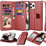 Njjex Compatible with iPhone 13 Case/iPhone 13 Wallet Case 6.1" (2021), [9 Card Slots] PU Leather ID Credit Holder Folio Flip [Detachable] Kickstand Magnetic Phone Cover & Lanyard [Wine Red]