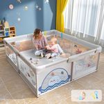 Dawnwake Large Playpen 150x180 cm for Baby up to 5 Years, Playard with Ocean Balls and 2 Grasp Rings, Kids Activity Center with Safety Lock & Suction Cup (No Mat/Cushion, Non-Foldable) - Grey