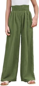 Milumia Girl's Linen High Waist Smocked Paperbag Wide Leg Pants Long Trousers Solid Green 9 Years