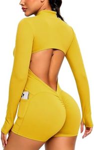 SEASUM Women's Long Sleeve Backless Workout Bodysuit with Side Pockets Stretch Yoga Zip up Romper for Gym Jumpsuits Vivid Yellow XL