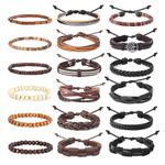 HANPABUM 18pcs Braided Leather Bracelets for Men Women Woven Cuff Wrap Bracelet Wood Beads Ethnic Tribal Bracelets Adjustable, 8.5 inches, Leather Wood