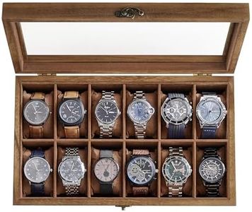 SONGMICS 12-Slot Wood Watch Box - Watch Case, Watch Box Organizer with Large Glass Lid, Watch Display Case with Removable Pillows, Rustic Walnut UJOW120K01