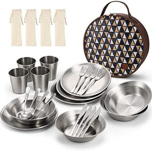 Odoland Camping Messware Kit, Stainless Steel Camping dinnerware, Camping Cooking Tableware, Camping Cutlery Organizer Utensil with Plates and Bowls Set for Backpacking, Hiking, Picnic.