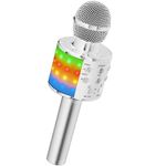 Ankuka Karaoke Wireless Microphone, 4 in 1 Handheld Bluetooth Microphones Speaker Karaoke Machine with Dancing LED Lights, Home KTV Player Compatible with Android & iOS Devices, Silver