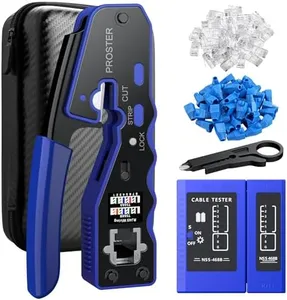 Proster RJ45 Crimper Tool - Stripper Cutter Crimper Tool for RJ45 Cat6 Cat5 Cat5e Pass-Thru Connectors with 50pcs Cat6 Pass Through Connectors & Protection Covers, 1pcs Wire Stripper